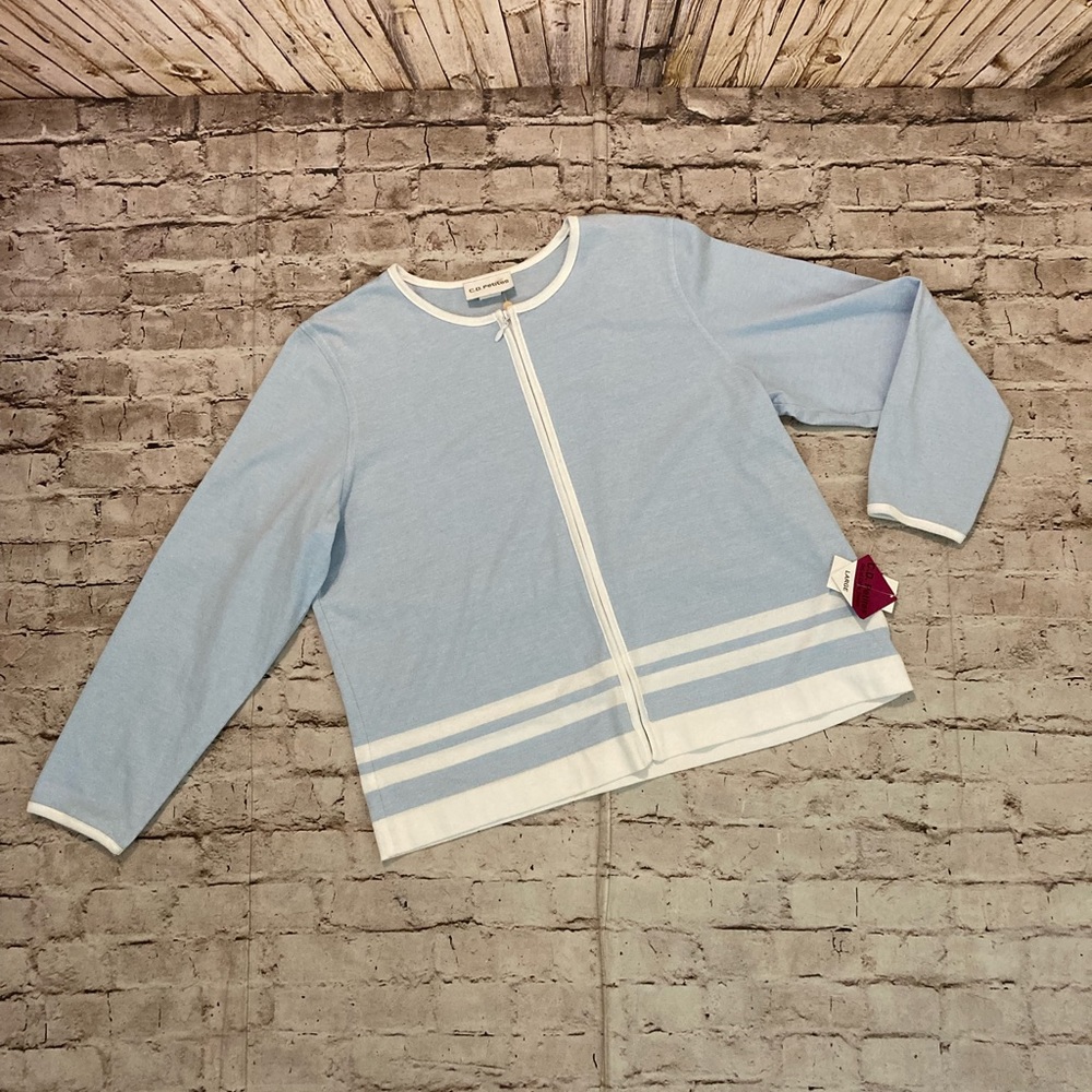 NWT C.D. Petites Blue/White front zipper sweater L.